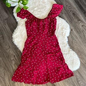 Burgundy & White Polka Off the Shoulder Dress